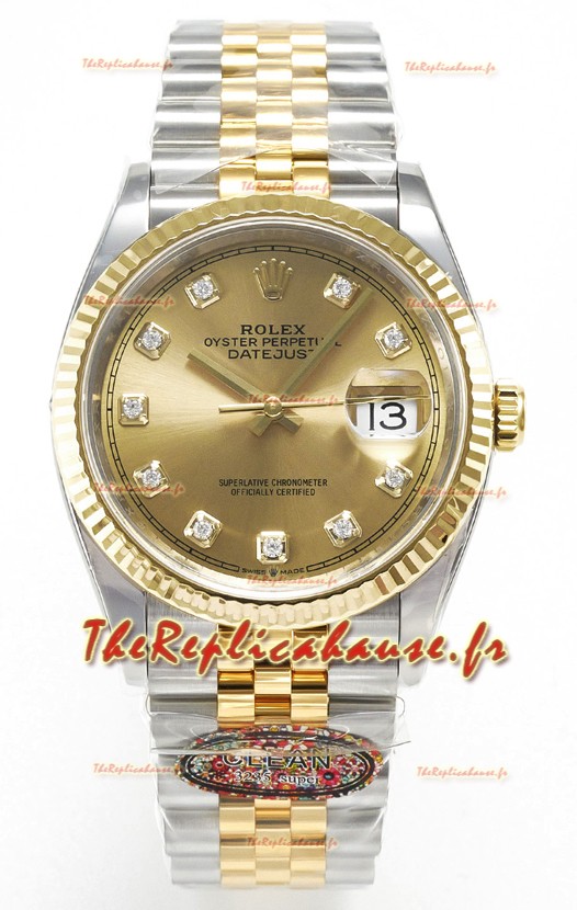 Rolex Super Clone Datejust ETA 3235 Mouvement 36MM Or Jaune deux tons Cadran Or Suisse