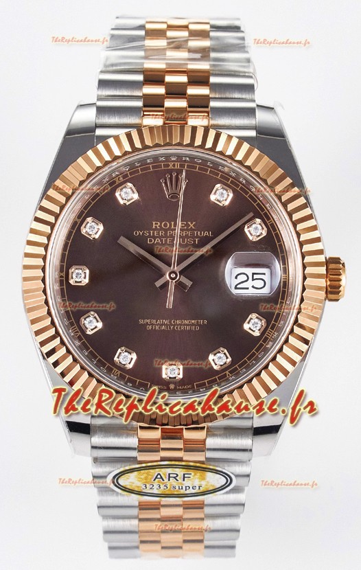 Montre Rolex Super Clone Datejust ETA 3235 Mouvement 41MM Plaqué or rose bicolore Cadran marron