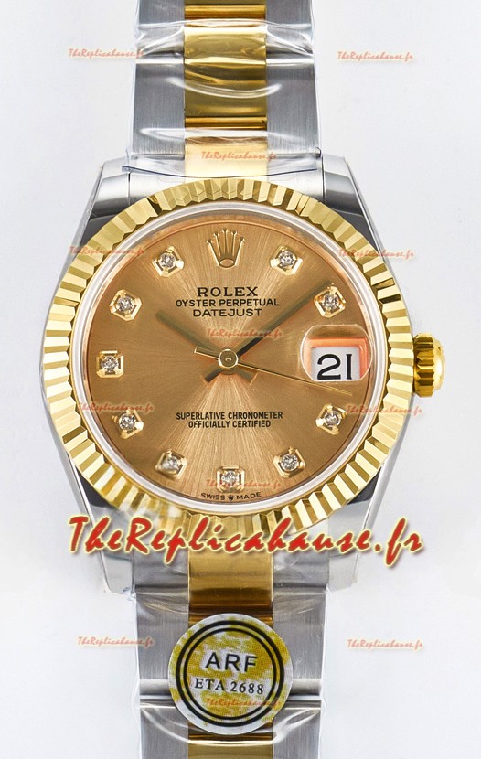 Rolex Super Clone Datejust ETA 2688 Mouvement 31MM Deux tons Or Jaune Suisse Cadran Or