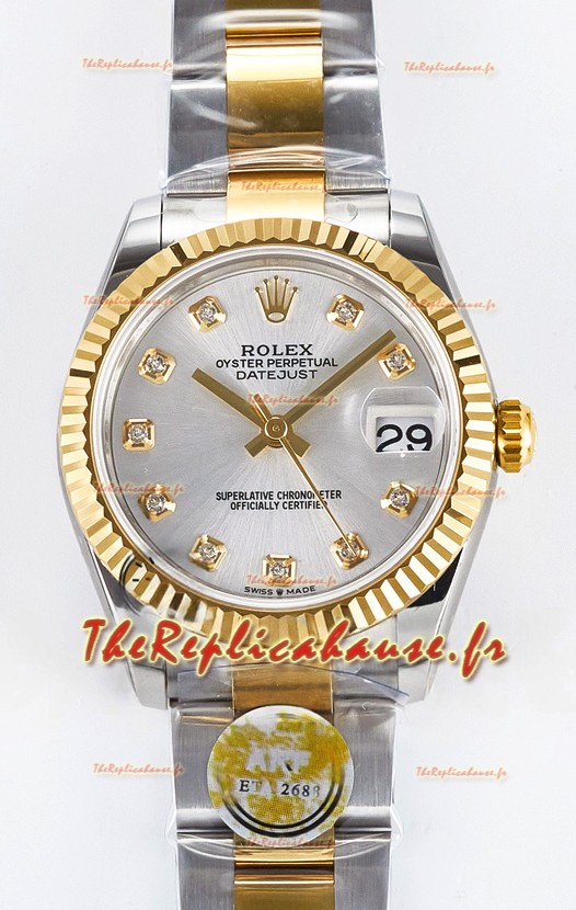 Rolex Super Clone Datejust ETA 2688 Mouvement 31MM Or Jaune Deux tons Cadran Argent Suisse