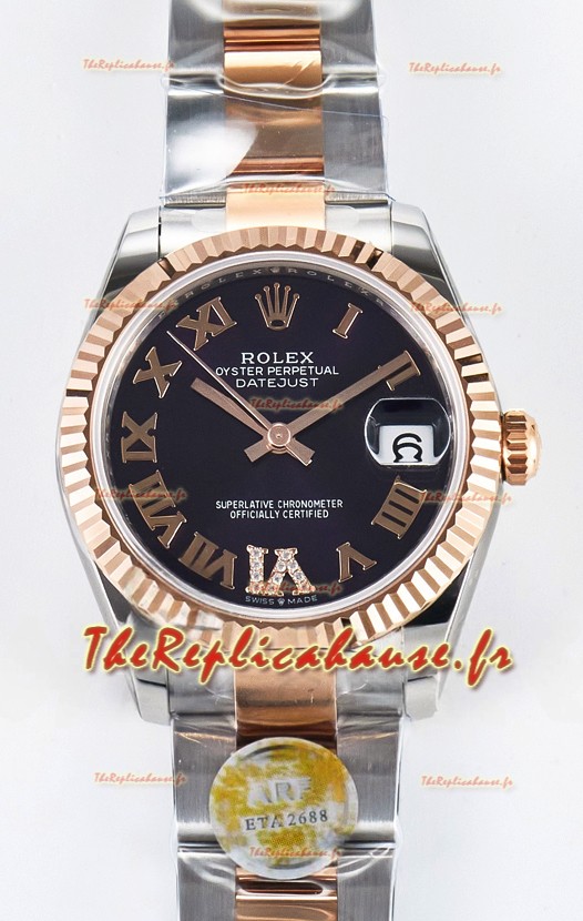 Rolex Super Clone Datejust ETA 2688 Mouvement 31MM Or Rose bicolore Cadran Noir Suisse