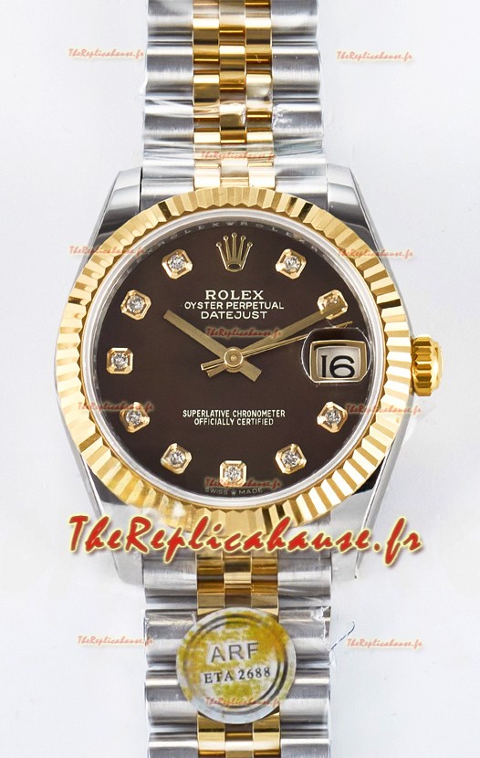 Rolex Super Clone Datejust ETA 2688 Mouvement 31MM Or jaune deux tons Cadran brun
