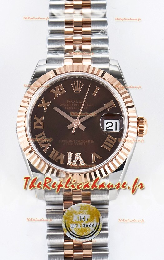 Rolex Super Clone Datejust ETA 2688 Mouvement 31MM Or Rose bicolore Cadran Suisse Marron