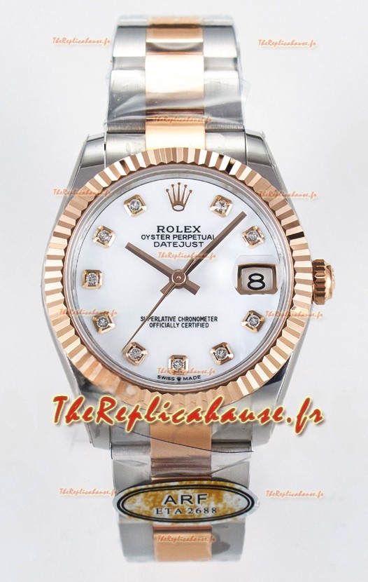 Rolex Super Clone Datejust ETA 2688 Mouvement 31MM Or Rose bicolore Cadran blanc