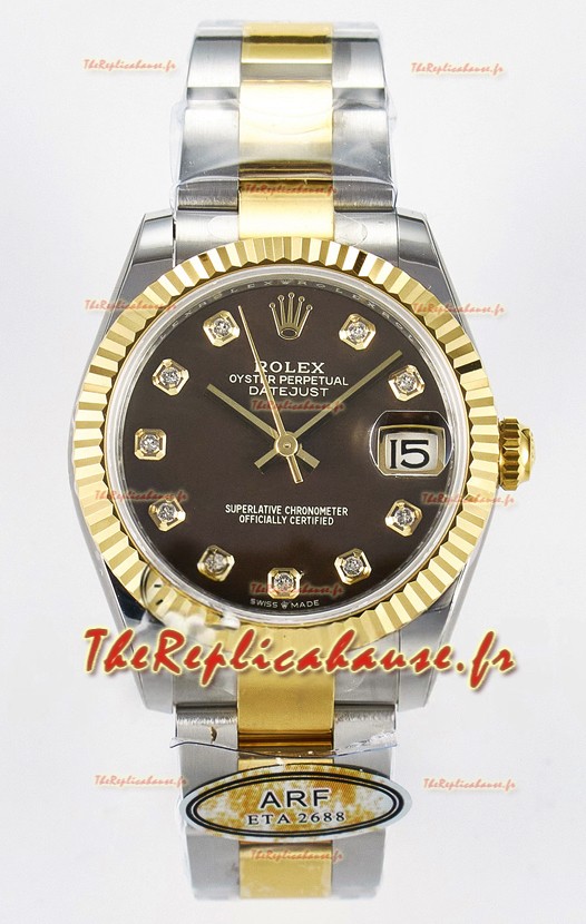 Rolex Super Clone Datejust ETA 2688 Mouvement 31MM Or Jaune Deux Tons Cadran Marron 