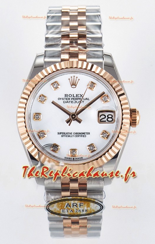 Rolex Super Clone Datejust ETA 2688 Mouvement 31MM Or Rose bicolore Suisse Cadran Blanc