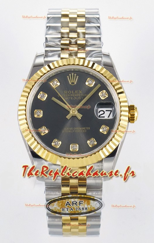 Rolex Super Clone Datejust ETA 2688 Mouvement 31MM Or Jaune Deux tons Cadran Gris Suisse