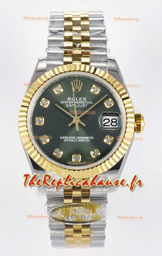 Rolex Super Clone Datejust ETA 2688 Mouvement 31MM Or Jaune Deux tons Cadran Vert Suisse 