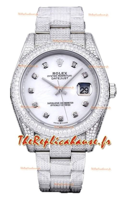 Rolex Datejust 41MM Swiss Replica - Iced Out Edition avec cadran blanc nacré