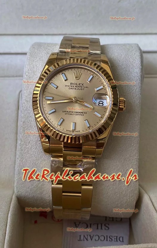 Rolex Datejust 278278 31MM Réplique Suisse en Acier 904L Boîtier or jaune avec index bâtons Qualité miroir 1:1 