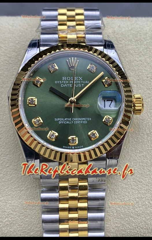 Rolex Datejust 31MM Montre Suisse en Acier 904L Cadran Jaune Vert bicolore Réplique 1:1 
