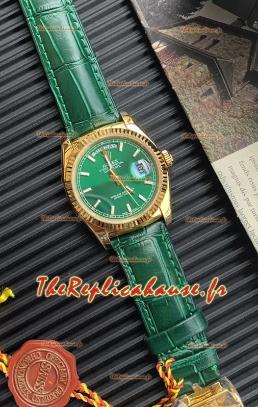 Rolex Day Date Montre avec boîtier en or jaune et bracelet vert 36 mm - Qualité miroir 1:1 