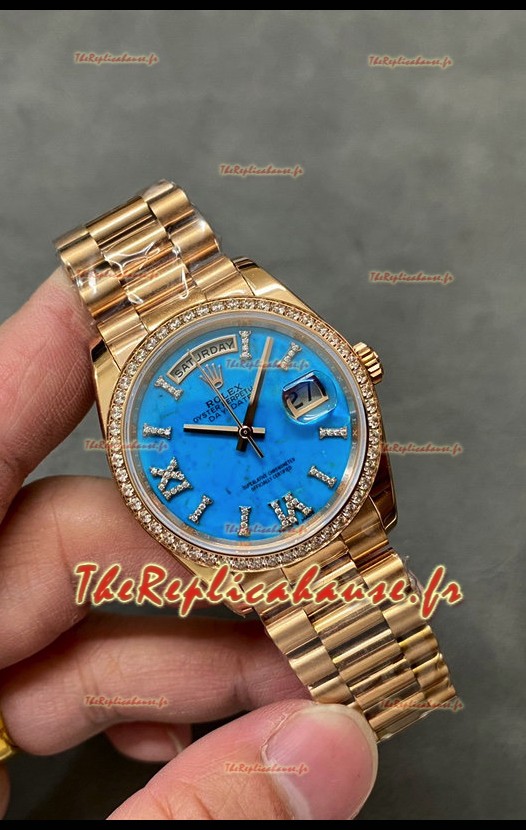 Rolex Day Date Montre en or jaune 18 carats sertie de turquoises 36 mm - Réplique de montre 1:1 
