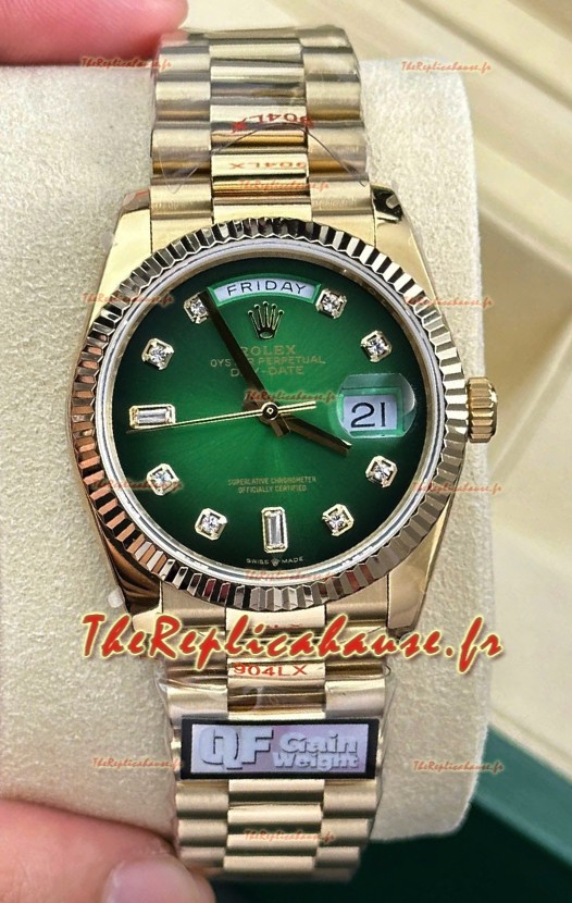 Rolex Day Date Super Clone Montre en or jaune 18 carats 36 mm - Cadran vert Réplique de montre 1:1 