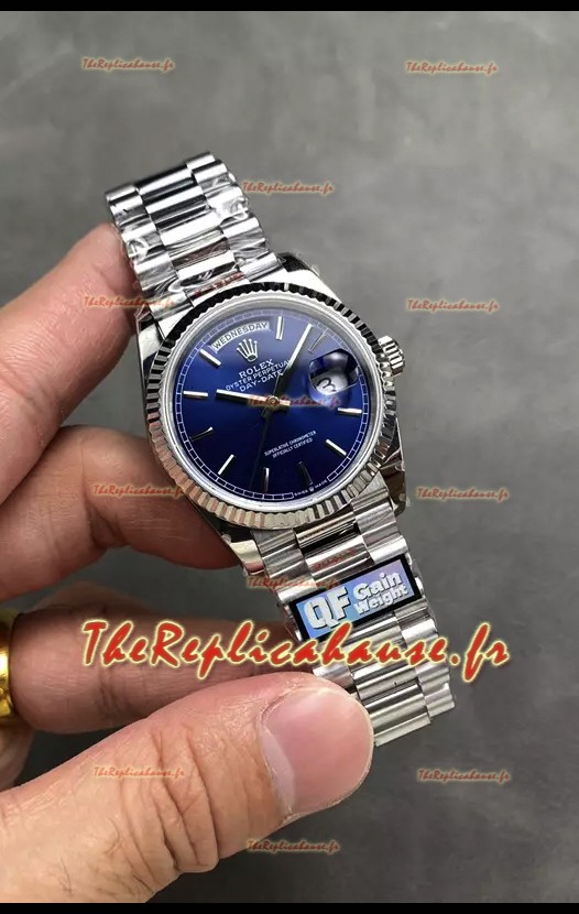 Rolex Day Date Super Clone en acier inoxydable 36 mm - Cadran bleu - Réplique de montre 1:1 