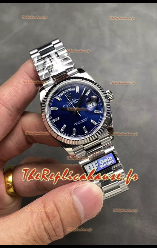 Rolex Day Date Super Clone en acier inoxydable cadran bleu chiffres en cristal 36MM - Réplique de montre 1:1 