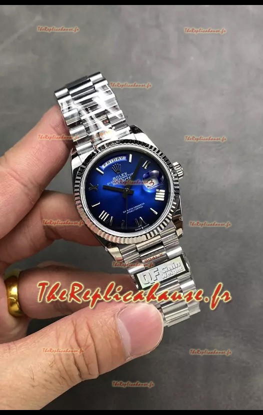 Montre Rolex Day Date Super Clone en acier inoxydable cadran bleu grands chiffres romains 36MM - Montre réplique 1:1