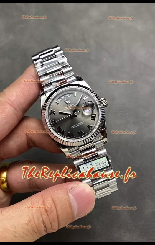 Rolex Day Date Super Clone en acier inoxydable cadran gris chiffres romains 36MM - 1:1 qualité miroir