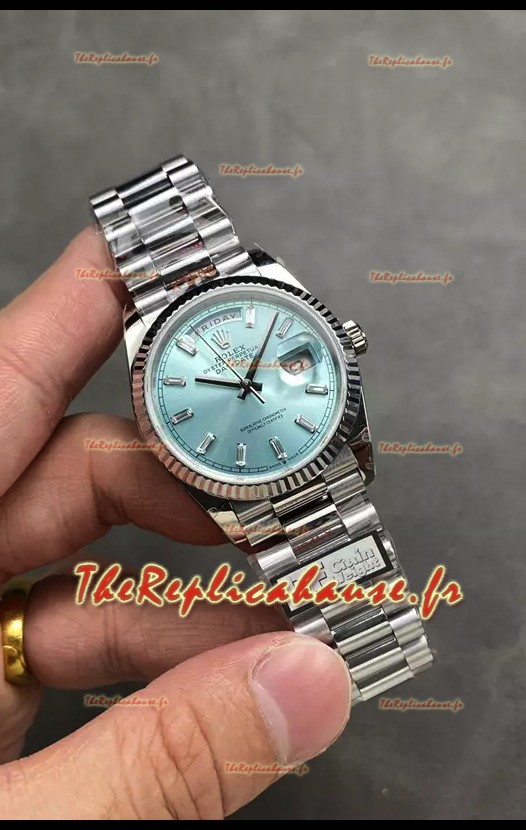 Rolex Day Date Super Clone en acier inoxydable Cadran bleu glacier Chiffres en cristal 36MM - Montre réplique 1:1 