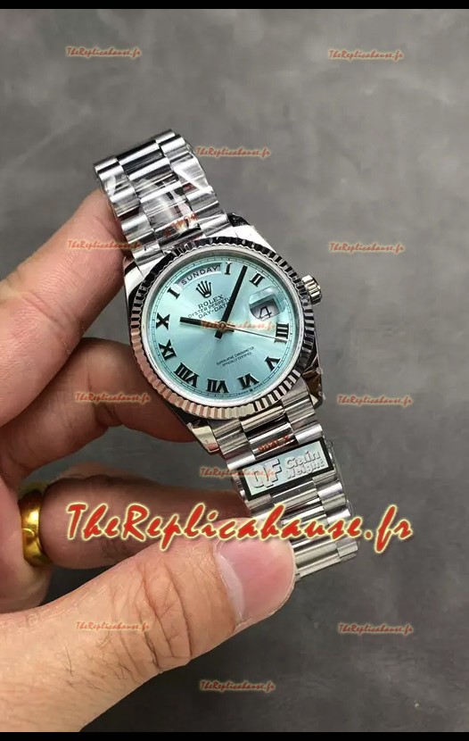 Rolex Day Date Super Clone en acier inoxydable cadran bleu glacier chiffres romains 36MM - Montre réplique 1:1