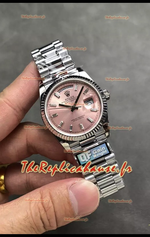 Rolex Day Date Super Clone en acier inoxydable Cadran rose Chiffres en cristal 36MM - Montre réplique 1:1