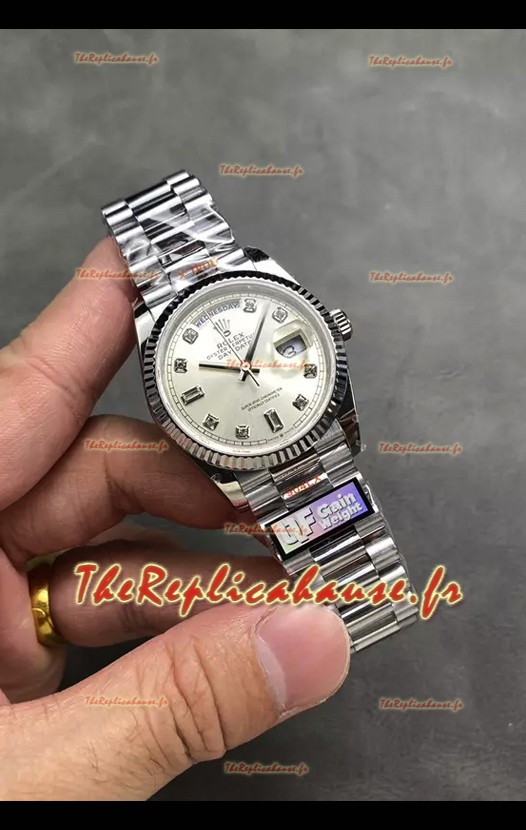 Rolex Day Date Super Clone en acier inoxydable cadran argenté chiffres diamants 36MM - 36MM - Montre réplique 1:1