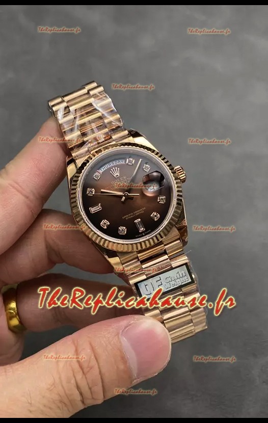 Rolex Day Date Super Clone Or Rose Cadran marron Chiffres Diamants 36MM - Montre réplique 1:1