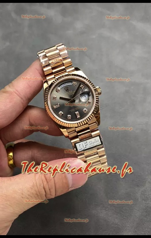Rolex Day Date Super Clone Or Rose Cadran Gris Chiffres Diamants 36MM - Montre réplique 1:1