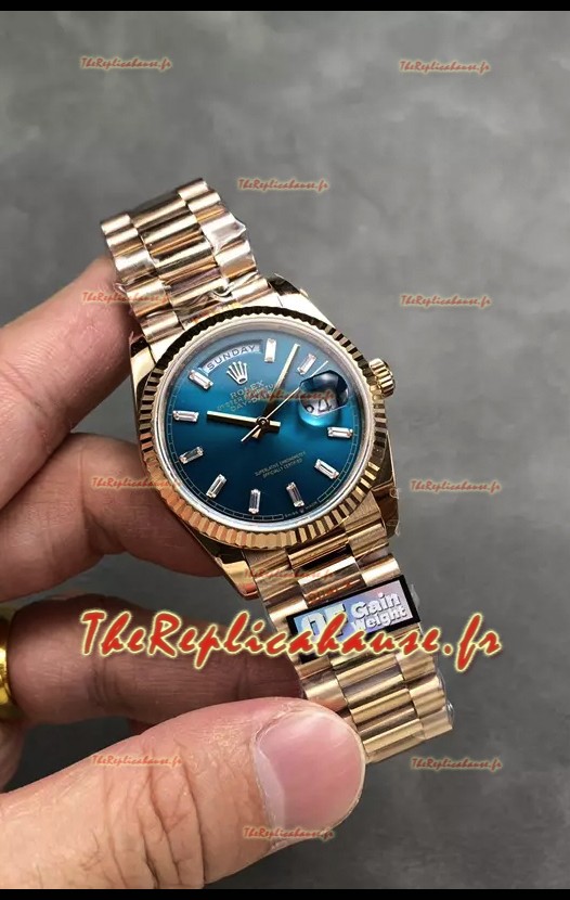 Rolex Day Date Super Clone Or Rose Cadran Bleu Cristal Chiffres 36MM - Montre réplique 1:1