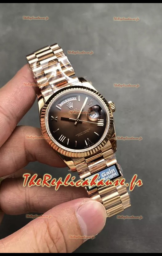 Rolex Day Date Super Clone Or Rose Cadran Marron Chiffres Romains 36MM - Montre réplique 1:1