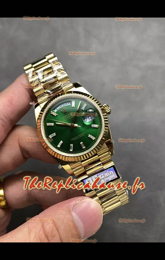 Rolex Day Date Super Clone Or Jaune Cadran Vert Chiffres Cristaux 36MM - Montre réplique 1:1