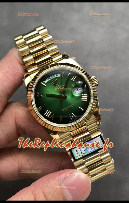 Montre Rolex Day Date Super Clone Or Jaune Cadran Vert Chiffres Romains 36MM - Montre réplique 1:1