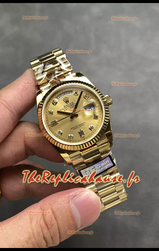 Rolex Day Date Super Clone Or Jaune Boîtier et Cadran Diamants Numéraux 36MM - Montre réplique 1:1