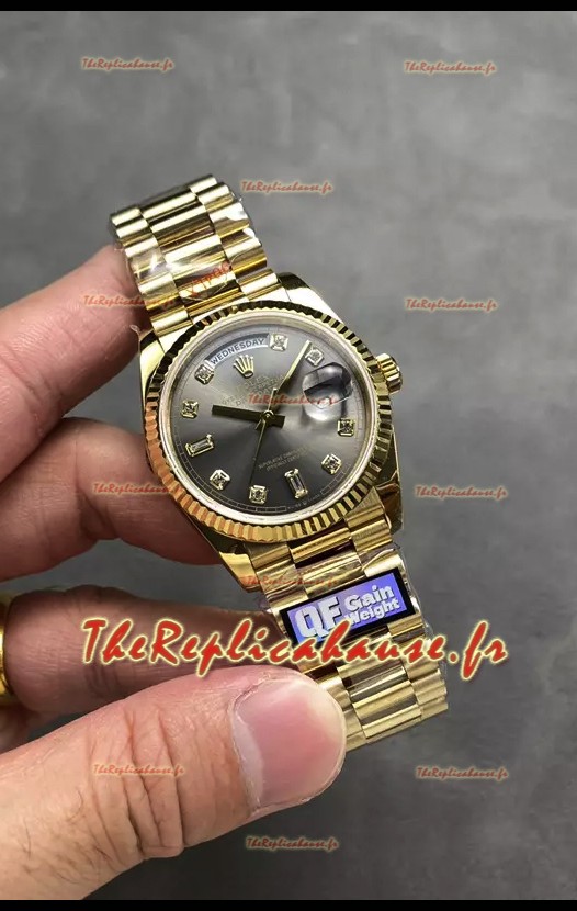 Rolex Day Date Super Clone Or Jaune Cadran Gris Chiffres Diamants 36MM - Montre réplique 1:1