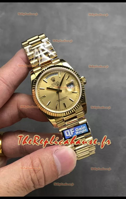 Rolex Day Date Super Clone Or Jaune Boîtier et Cadran Chiffres Bâtons 36MM - Montre réplique 1:1