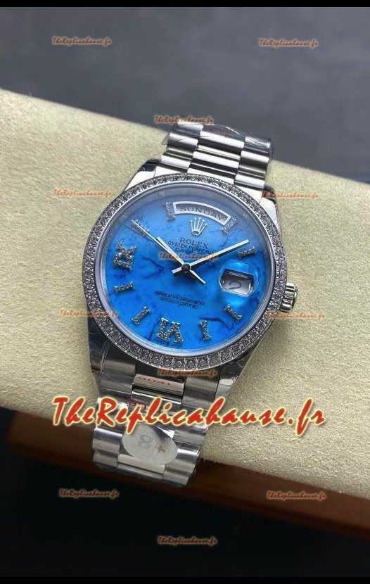 Rolex Day Date Montre en acier inoxydable 18 carats sertie de turquoises 36 mm - Réplique de montre 1:1 