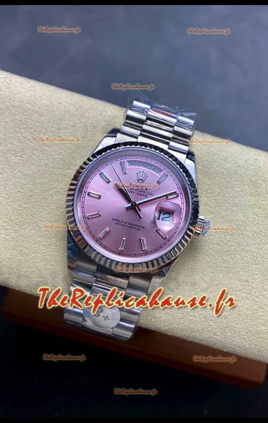 Rolex Day Date Super Clone Acier inoxydable Rose Cadran Cristal Chiffres 36MM - Montre réplique 1:1