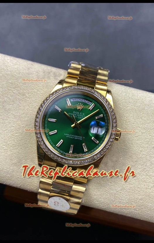 Rolex Day Date Super Clone Or Jaune Cadran Vert Cristal Chiffres 36MM - Montre réplique 1:1