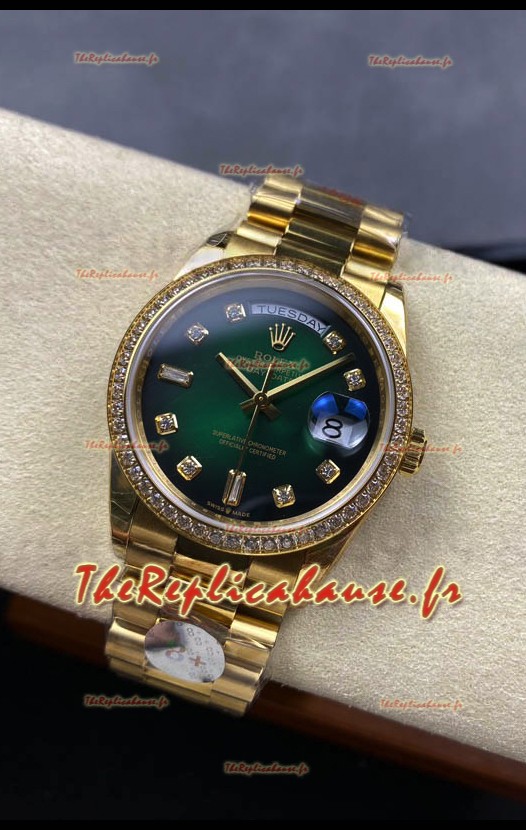 Rolex Day Date Super Clone Or Jaune Cadran Vert Chiffres Diamants 36MM - Montre réplique 1:1