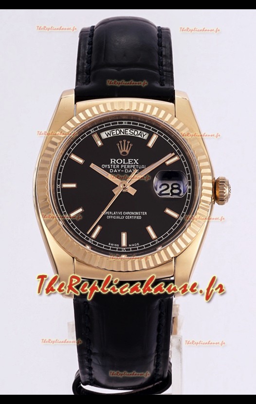 Rolex Day Date Montre avec boîtier en acier 904L or rose et cadran noir 36 mm - Qualité miroir 1:1