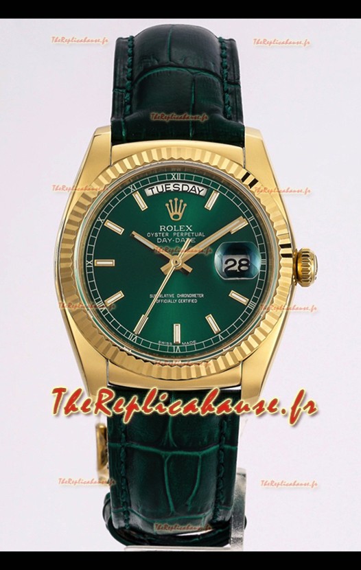 Rolex Day Date Montre boîtier acier 904L or jaune cadran vert 36MM - Qualité miroir 1:1