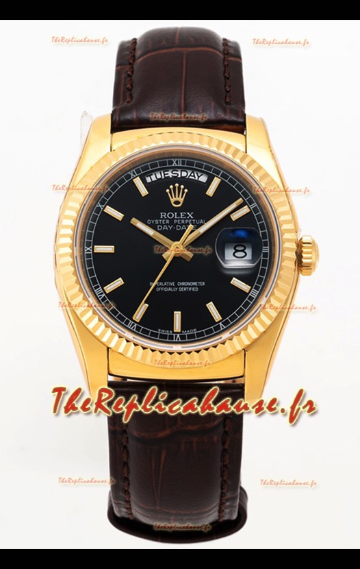 Rolex Day Date Montre boîtier acier 904L or jaune cadran noir 36MM - Qualité miroir 1:1