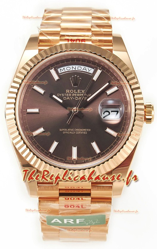 Rolex Day Date 40MM 1:1 Or Rose en Cadran Marron Réplique de Montre 1:1