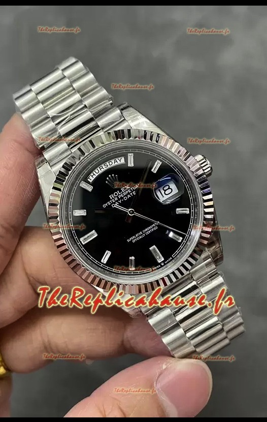 Rolex Day Date Presidential Montre en acier inoxydable à cadran noir 40MM - Qualité miroir 1:1