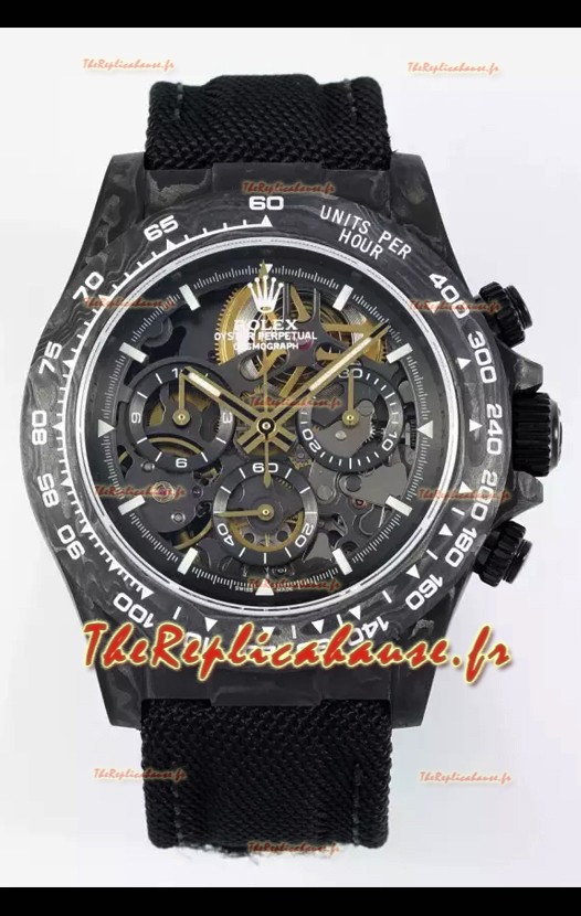 Rolex Daytona Super Clone DiW Skeleton Edition Montre en carbone - Boîtier en carbone forgé Bracelet noir Réplique 1:1