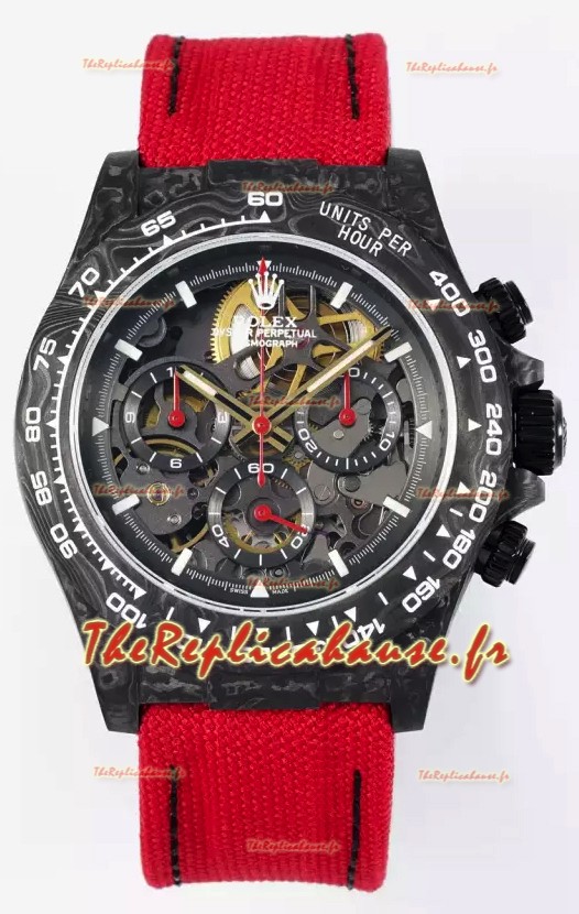 Rolex Daytona Super Clone DiW Skeleton Edition - Boîtier en carbone forgé - Bracelet rouge Réplique 1:1 