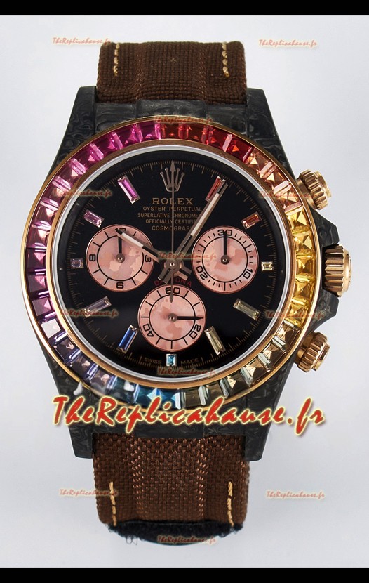 Rolex Daytona Super Clone DiW Carbon Edition Lunette arc-en-ciel - Boîtier carbone forgé Bracelet kaki Réplique 1:1 