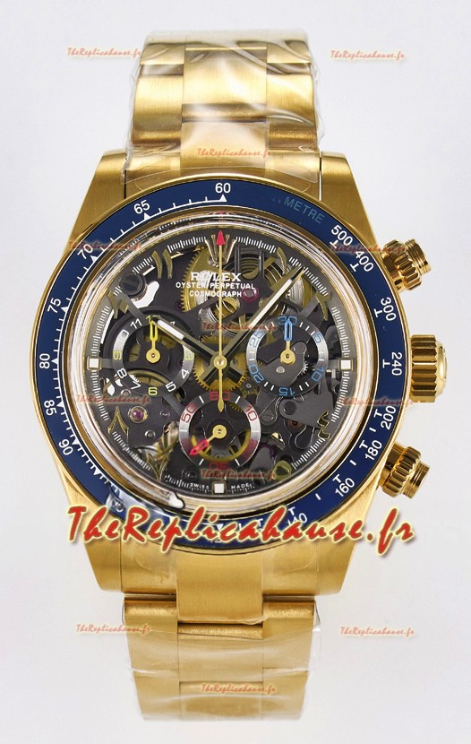 Rolex Daytona Super Clone Artisans De Geneve Montre en or jaune Lunette bleue Montre Skeleton 