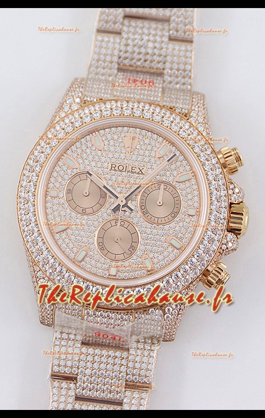 Rolex Cosmograph Daytona Or Rose ICED OUT Mouvement Cal.4130 - Montre Acier 904L