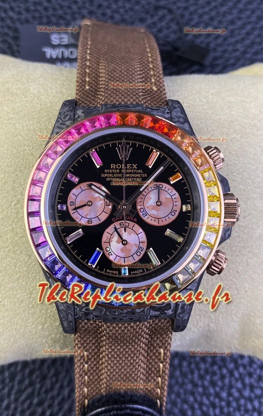 Rolex Daytona DiW Edition Carbone Lunette Arc-en-ciel - Boîtier Carbone Forgé Bracelet Kaki Réplique 1:1 